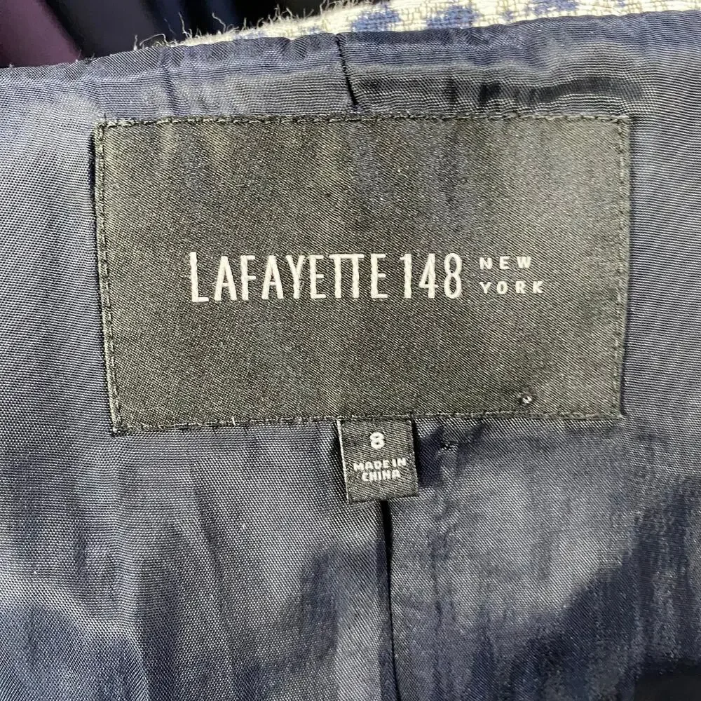 Lafayette 148 Blazer Textured Woven Abstract Plaid Check Pattern Navy Cream S
